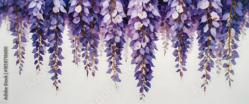 Hanging Japanese wisteria in a watercolor brush style. Thick oil-painted textures on the highlights of the petals. Vibrant purple and lavender hues. Soft motion blur suggesting a gentle breeze. Outlin