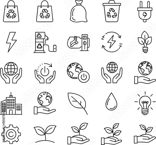 Eco sustainability and renewable energy line icons set featuring recycling, green power, environmental protection, climate care and sustainable lifestyle symbols