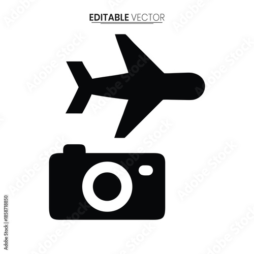 A sleek black airplane icon flies above a vintage camera symbolizing travel and photography