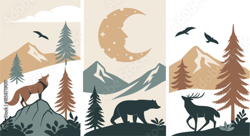 Set of abstract vertical background with autumn forest, animals, leaves in one line style and A modern minimalist vector illustration poster set featuring wild animals with double exposure landscape d