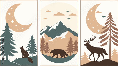 Set of abstract vertical background with autumn forest, animals, leaves in one line style and A modern minimalist vector illustration poster set featuring wild animals with double exposure landscape d