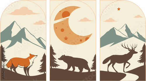 Set of abstract vertical background with autumn forest, animals, leaves in one line style and A modern minimalist vector illustration poster set featuring wild animals with double exposure landscape d