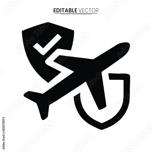 Black vector illustration depicting a shield with an airplane flying through a cancellation mark