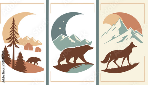 Set of abstract vertical background with autumn forest, animals, leaves in one line style and A modern minimalist vector illustration poster set featuring wild animals with double exposure landscape d