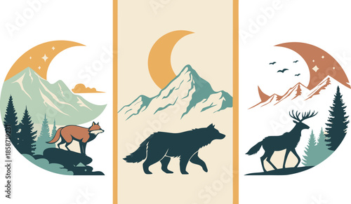 Set of abstract vertical background with autumn forest, animals, leaves in one line style and A modern minimalist vector illustration poster set featuring wild animals with double exposure landscape d