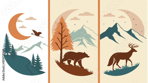 Set of abstract vertical background with autumn forest, animals, leaves in one line style and A modern minimalist vector illustration poster set featuring wild animals with double exposure landscape d