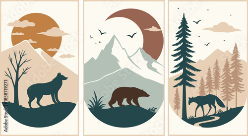 Set of abstract vertical background with autumn forest, animals, leaves in one line style and A modern minimalist vector illustration poster set featuring wild animals with double exposure landscape d
