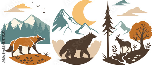 Set of abstract vertical background with autumn forest, animals, leaves in one line style and A modern minimalist vector illustration poster set featuring wild animals with double exposure landscape d