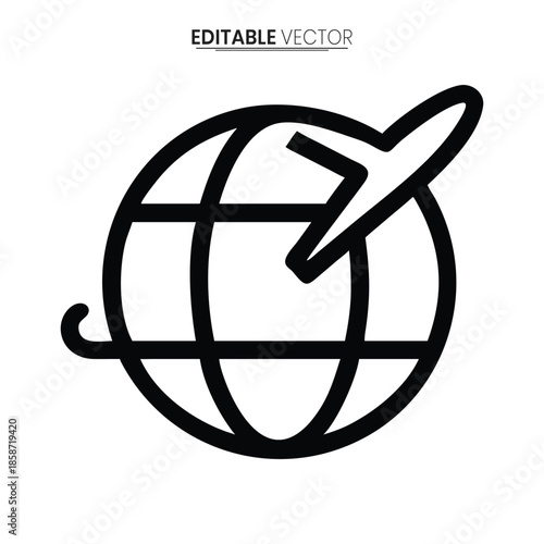A simple black and white line drawing of a globe with an airplane flying around it