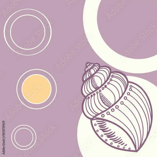 Stylized Seashell with Geometric Circles on Purple Background marine ocean