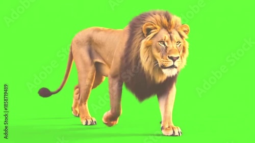 Lion Animal, walking with a green screen background chroms key, 4K.
