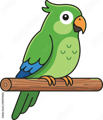 A charming green parrot perched on a wooden branch a delightful illustration