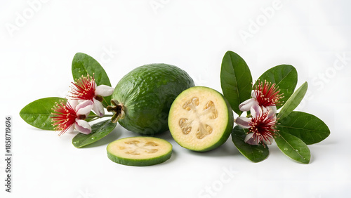 Fresh feijoa fruit, slices, and beautiful flowers displayed on a pristine white background