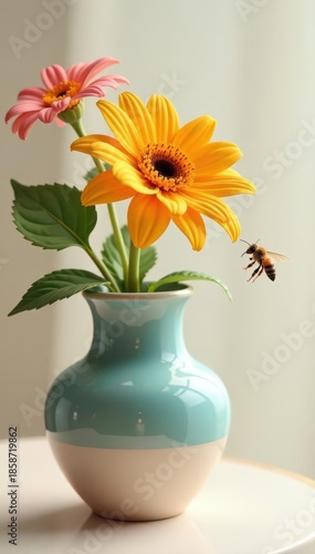 Honeybee hovering near colorful flower in elegant vase, home decor photography, nature, pink