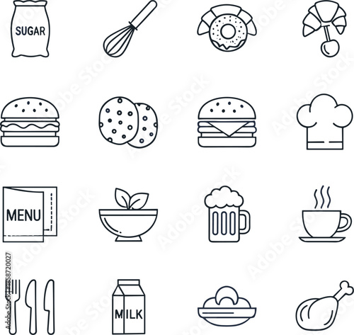 Food and restaurant outline icon set featuring bakery ingredients meals drinks cooking symbols for menu web app and cafe designWeb