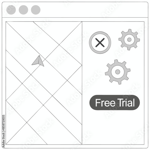 Wireframe interface design with map, settings, and free trial button vector illustration