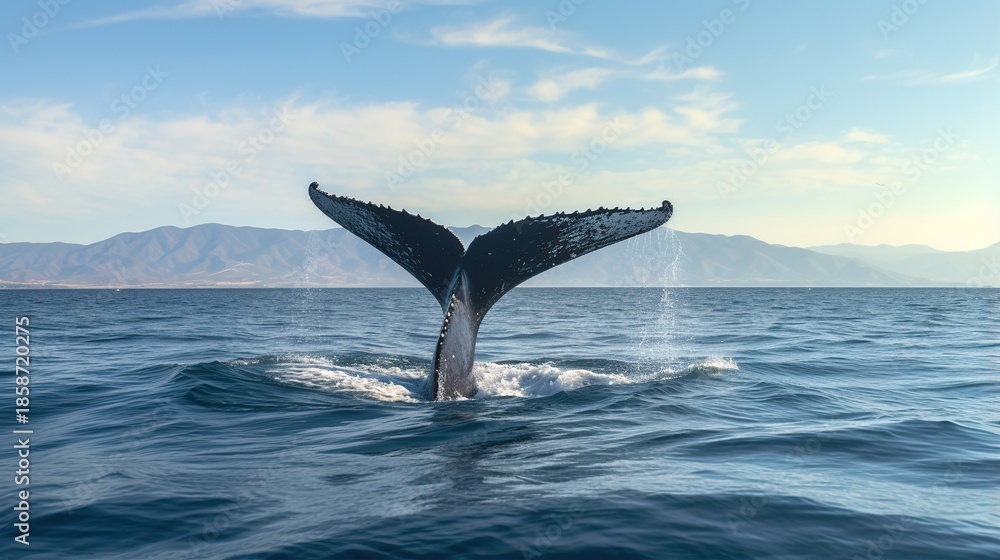 Fototapeta premium Graceful whale fluke rise over the vast blue ocean under a distant mountain range and clear sky