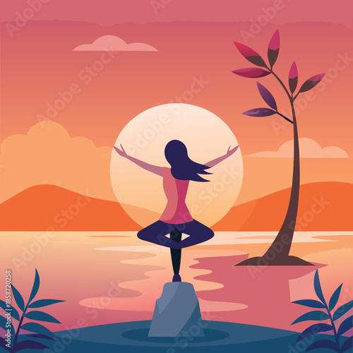 Woman practicing yoga tree pose on rock at sunset by calm water with mountains and palm tree meditation