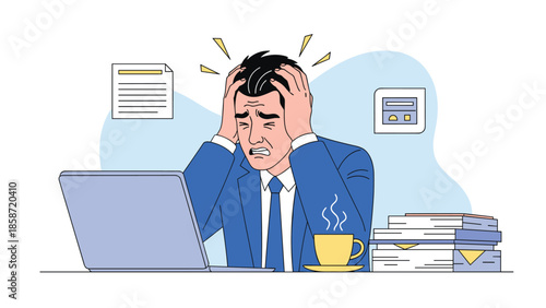 Stressed businessman working on laptop with piles of paperwork