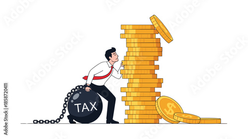 Businessman burdened by tax weight while stacking gold coins