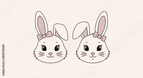 Two adorable cartoon bunny rabbit heads with pink bows and friendly smiling faces perfect for easter or nursery decorations.