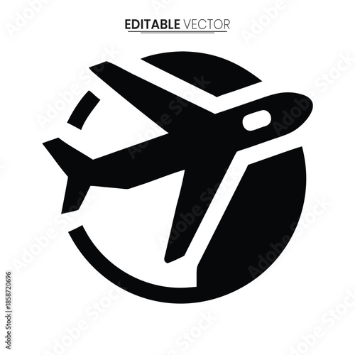 A black silhouette of an airplane flying around a circular globe representing global travel