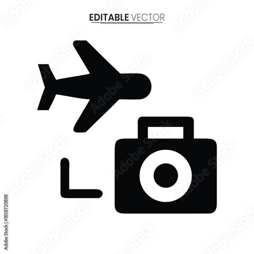 A simple black silhouette depicting an airplane flying over a suitcase and camera