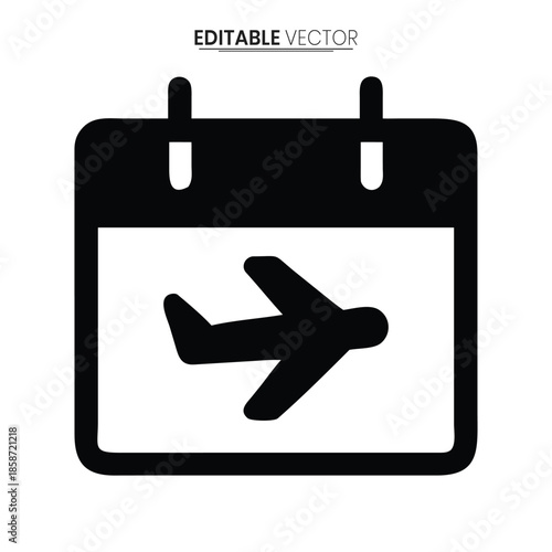 A simple black calendar icon with a white interior displaying a stylized airplane symbol