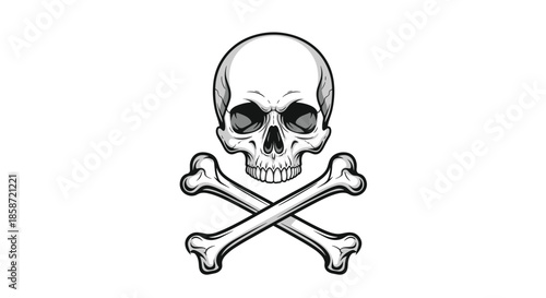 Human skull and crossbones illustration in a detailed grayscale style isolated on a plain white background for design.