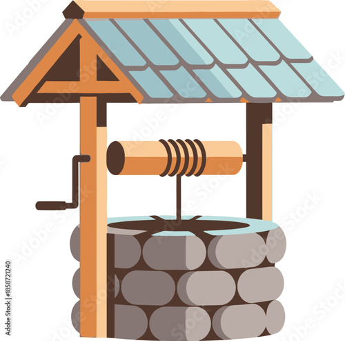A charming illustration of a classic wooden well structure with a crank