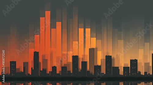 Cinematic City Skyline with Abstract Glowing Financial Data Bars