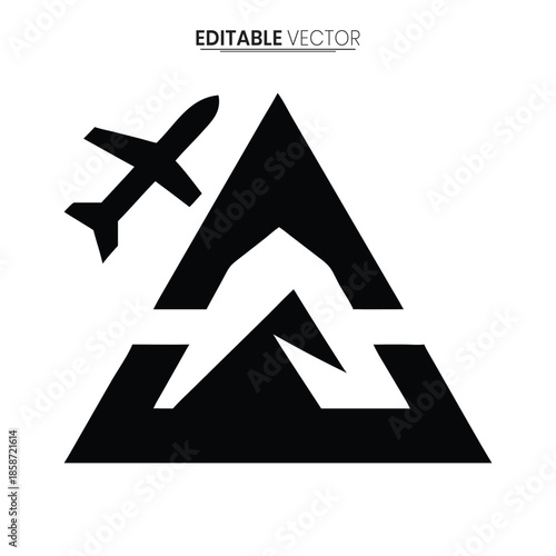 A sleek black silhouette of an airplane flying near a triangular mountain peak design