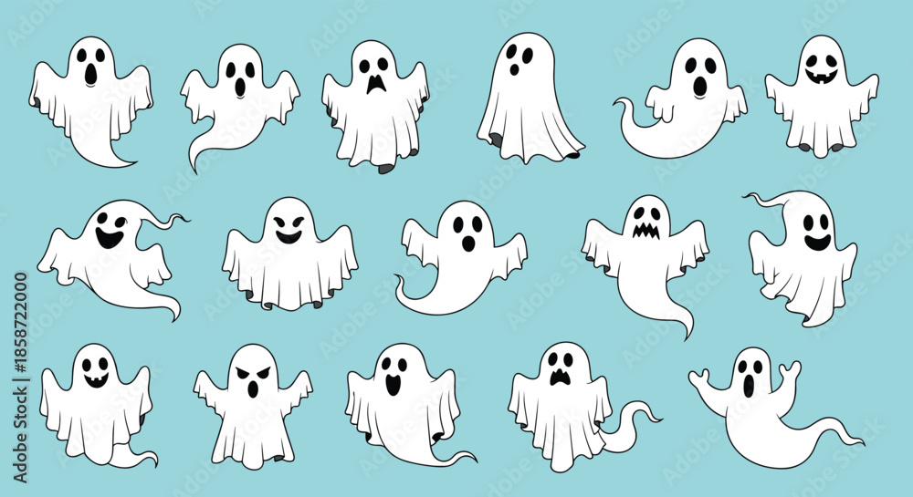 Fototapeta premium Fun collection of fifteen different ghost characters shows spirits in various spooky poses and expressions against a light blue background.