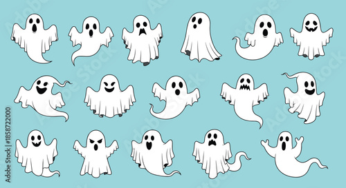 Fun collection of fifteen different ghost characters shows spirits in various spooky poses and expressions against a light blue background.
