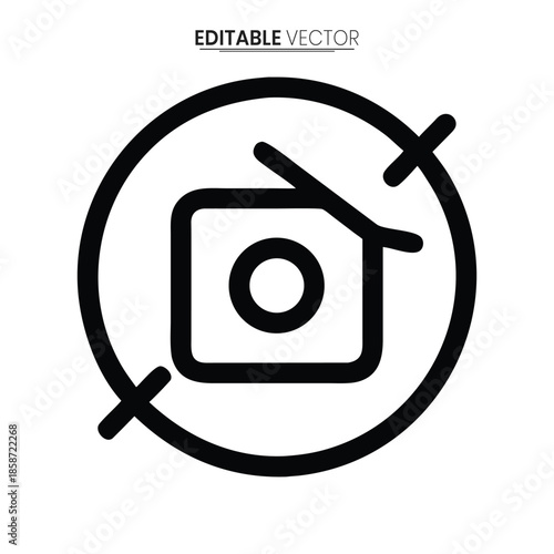 A simple black and white vector illustration depicting a camera within a circular frame with crosshairs