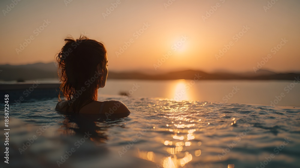Fototapeta premium Woman Enjoying Serene Sunset Swim in Infinity Pool Overlooking Ocean.