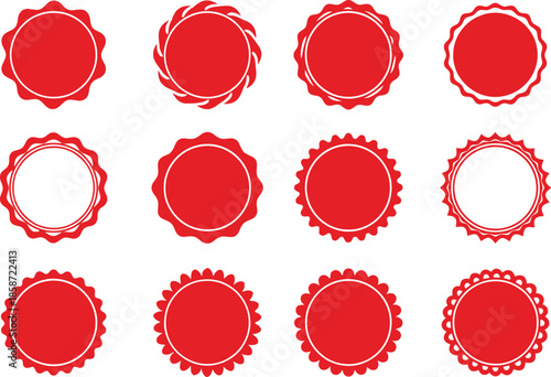 A collection of twelve red circular seal icons with various scalloped and jagged edges for use as promotional labels.
