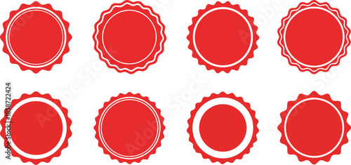 Collection of eight blank red circular scalloped edge seal badges and stamps with various white border designs for marketing labels