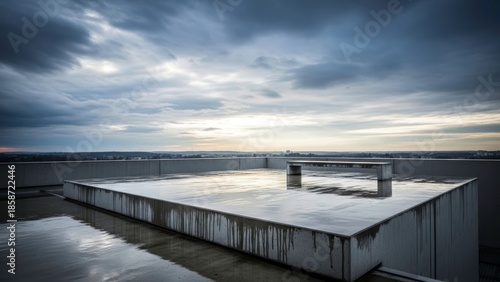 A rooftop view of a city under a cloudy sky with a wet roof in the foreground.