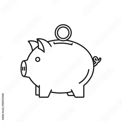 Simple Line Drawing of a Piggy Bank with Coin for Financial Savings Concept