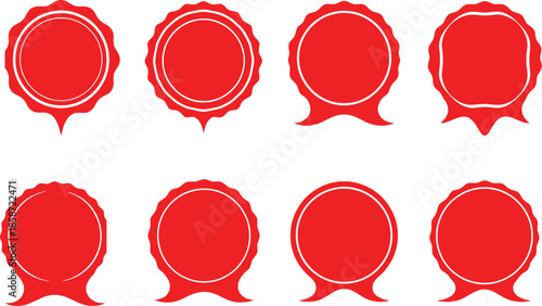 Collection of eight blank red circular seal badges with scalloped edges and ribbon tails for quality awards and promotions.