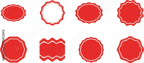 Collection of eight red decorative blank labels and badges with white borders for sales promotions and price tag designs