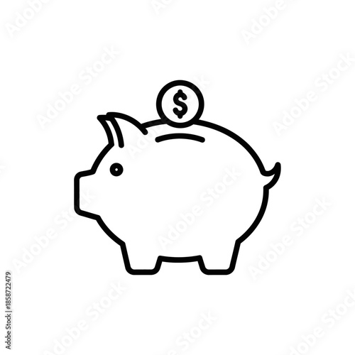 Simple Line Drawing of a Piggy Bank with Coin for Financial Savings Concept