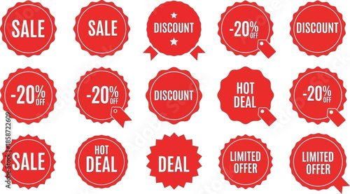 Collection of red circular sale stickers and discount labels with various promotional text for retail marketing and seasonal shopping events.