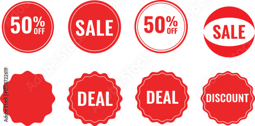 Collection of red and white promotional sale stickers and discount tags featuring fifty percent off deal and clearance labels.