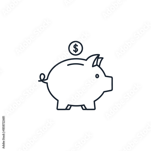 Simple Line Drawing of Piggy Bank with Coin for Financial Savings Concept