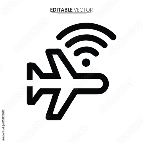 A sleek black vector graphic depicts an airplane with a wireless signal icon above it