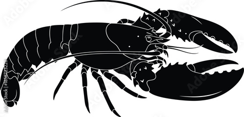 A striking black and white silhouette of a detailed lobster illustration
