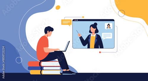 Young man sitting on a stack of books while attending an online class on his laptop with a female tutor on the screen.