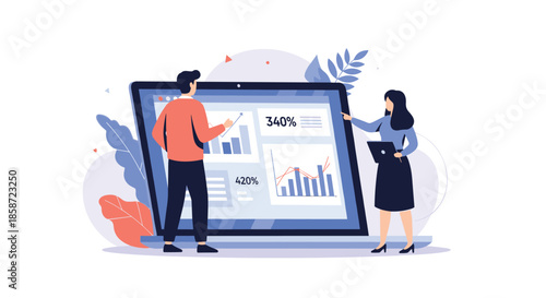 Business team analyzing a data dashboard with charts and graphs on a giant laptop screen to track company performance.